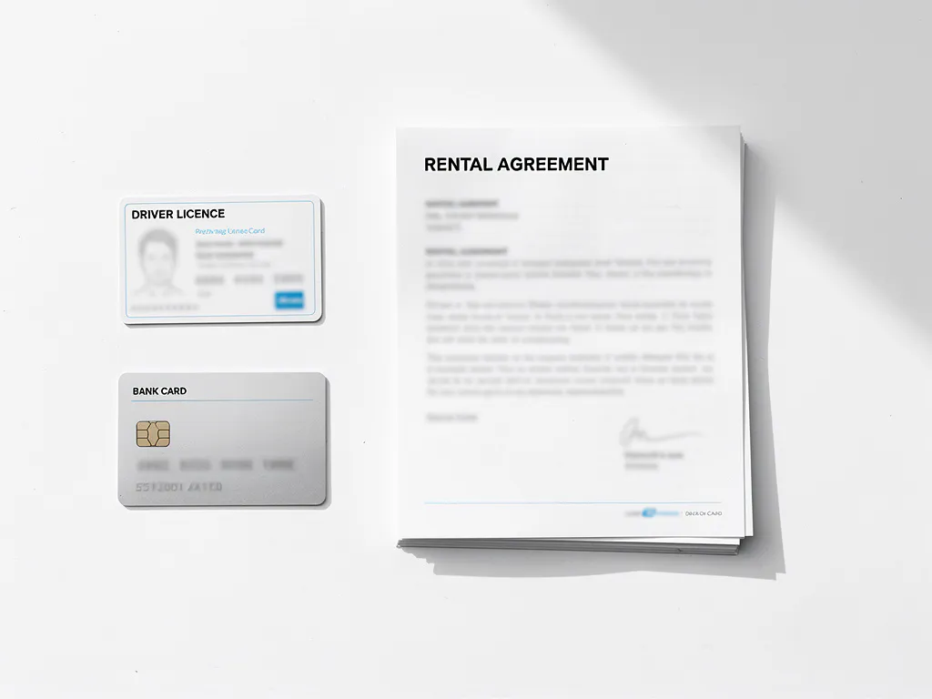 Witte bureautafel met netjes gerangschikte huurautodocumenten: rijbewijs, creditcard en huurcontract in geometrisch patroon