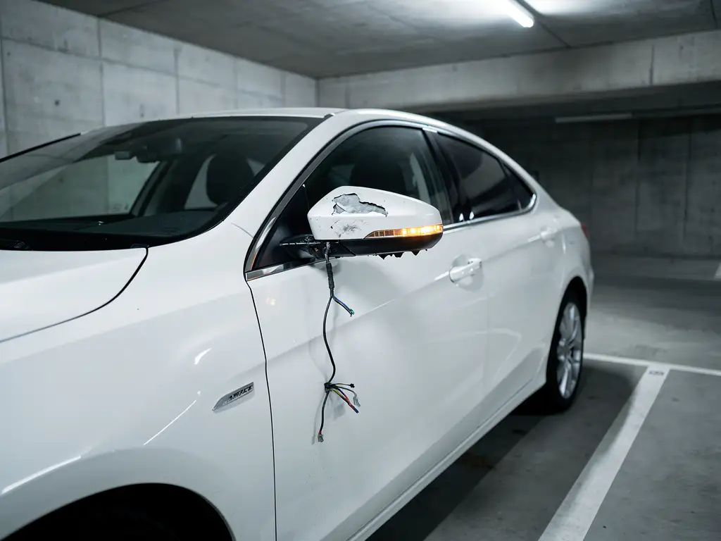 Beschadigde zijspiegel hangt aan draden van witte huurauto in lege betonnen parkeergarage