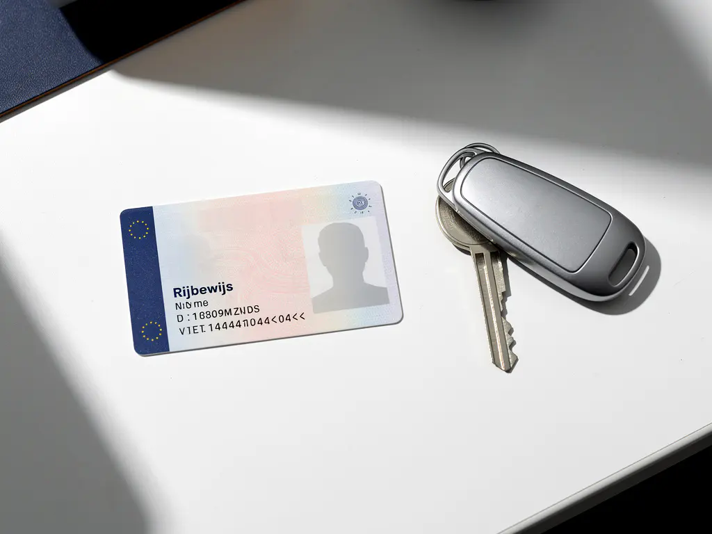 Nederlands rijbewijs op witte autoverhuurdesk naast zilveren autosleutels in minimalistische werkruimte
