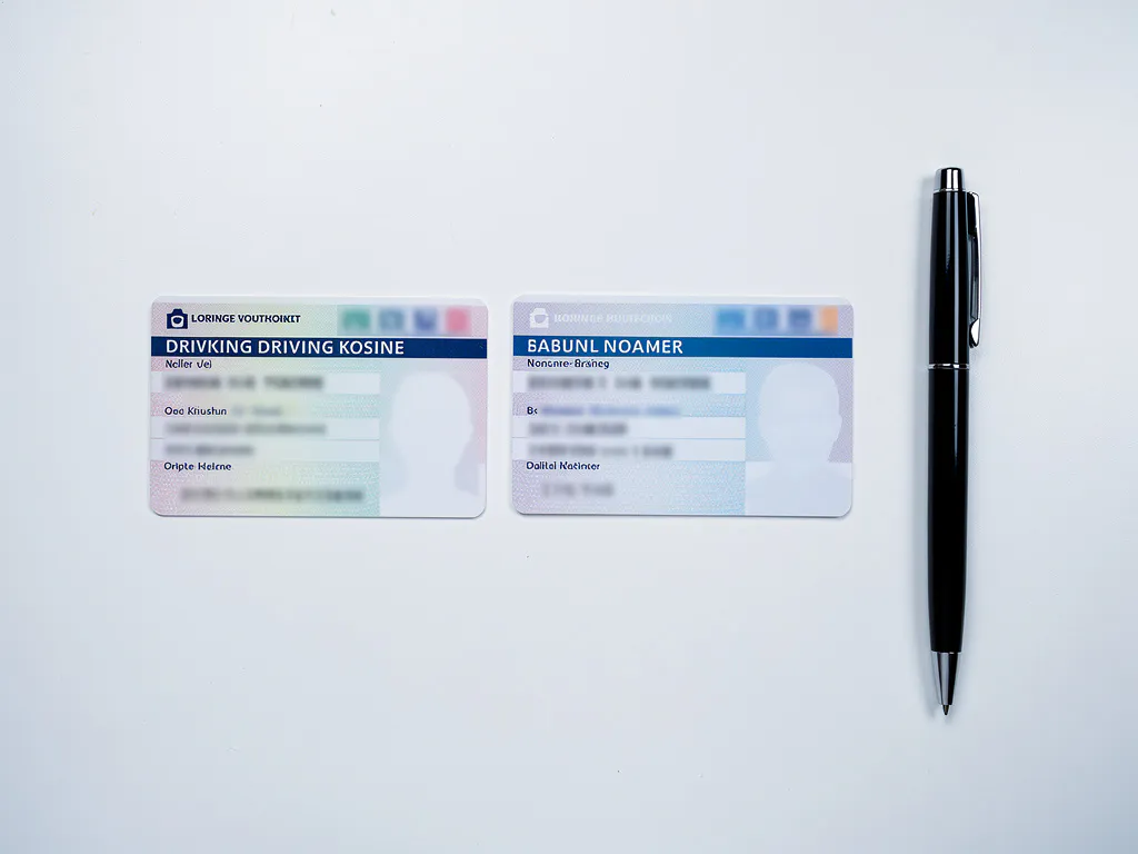 Nederlandse rijbewijs en identiteitskaart op wit bureau met zwarte pen, minimalistisch gerangschikt met zachte belichting