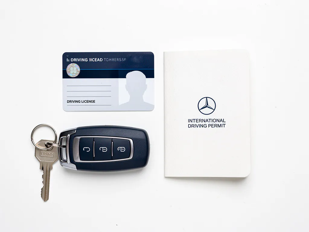 Nederlandse rijbewijs en internationaal rijbewijs naast autosleutels op wit bureau, bovenaanzicht met geometrische uitlijning