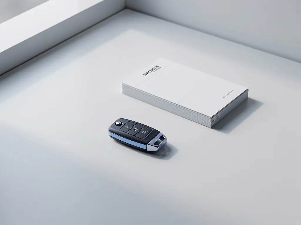 Moderne sleutelhanger naast servicedocumenten op witte bureau in minimalistisch kantoor