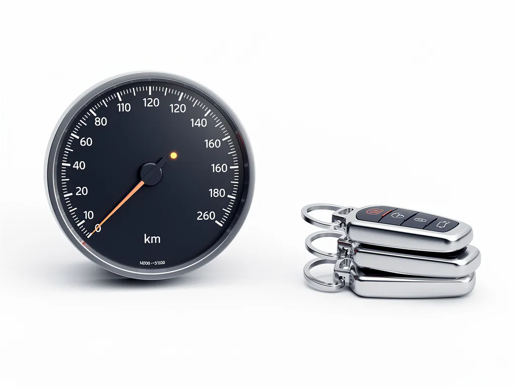 Snelheidsmeter met naald op kilometermarkering naast autosleutels op wit dashboard met geometrische schaduwen