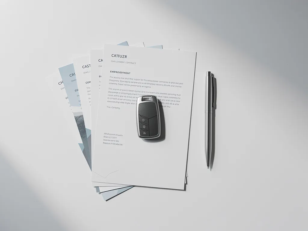 Moderne sleutelhanger met geometrisch ontwerp naast stapel arbeidscontracten en zilveren pen op wit bureau