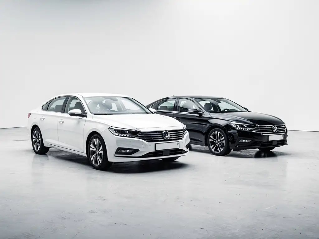 Witte en zwarte sedan naast elkaar geparkeerd op betonnen oppervlak in minimalistische setting