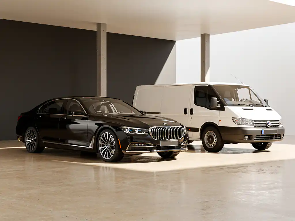 Zwarte zakensedan en witte bestelwagen in moderne garage met betonnen vloer en geometrische schaduwen