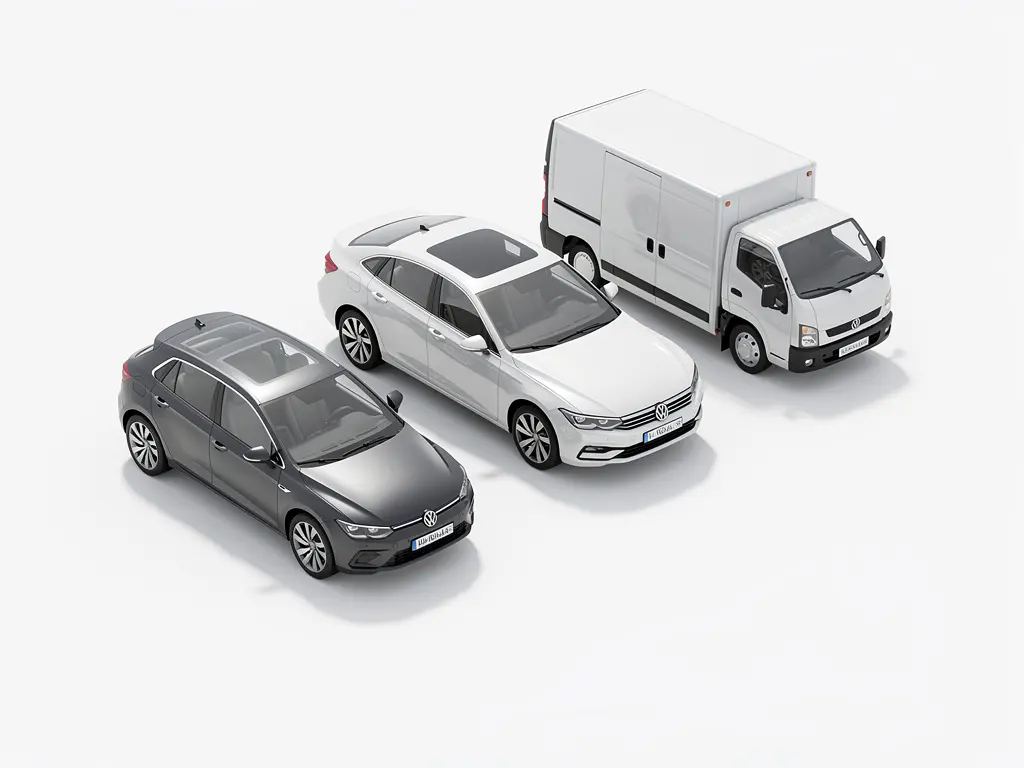 Vier zakelijke voertuigen - compacte auto, sedan, bestelwagen en kleine vrachtwagen - diagonaal gerangschikt op witte ondergrond met geometrische schaduwen