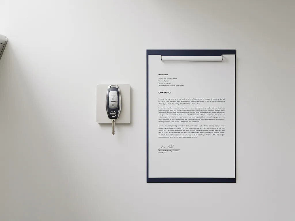 Gepolijste autosleutel op minimalistische sleutelhouder naast opgevouwen contract op wit bureau, bovenaanzicht.