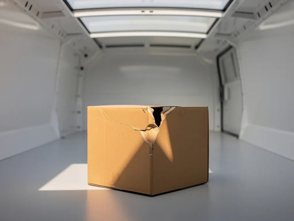 Beschadigde kartonnen doos met deuk in de hoek op de vloer van een lege witte bestelwagen.