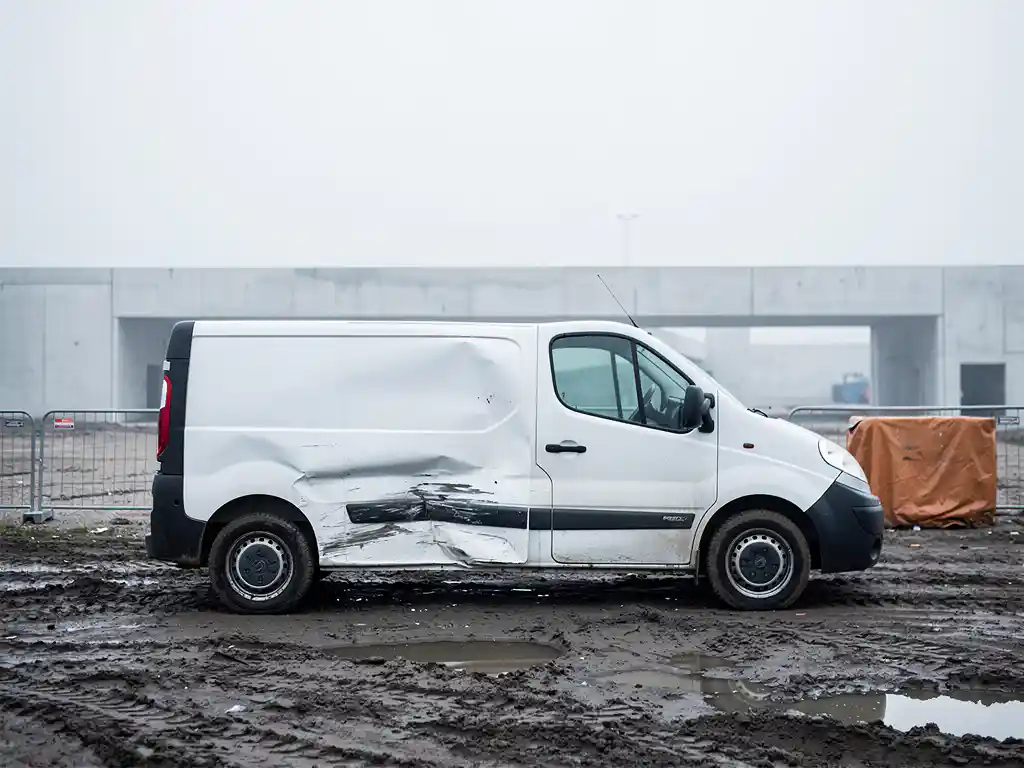 Beschadigde witte huurbus met deuk en krassen geparkeerd op modderig bouwterrein, veiligheidshekken en betonstructuur op achtergrond.