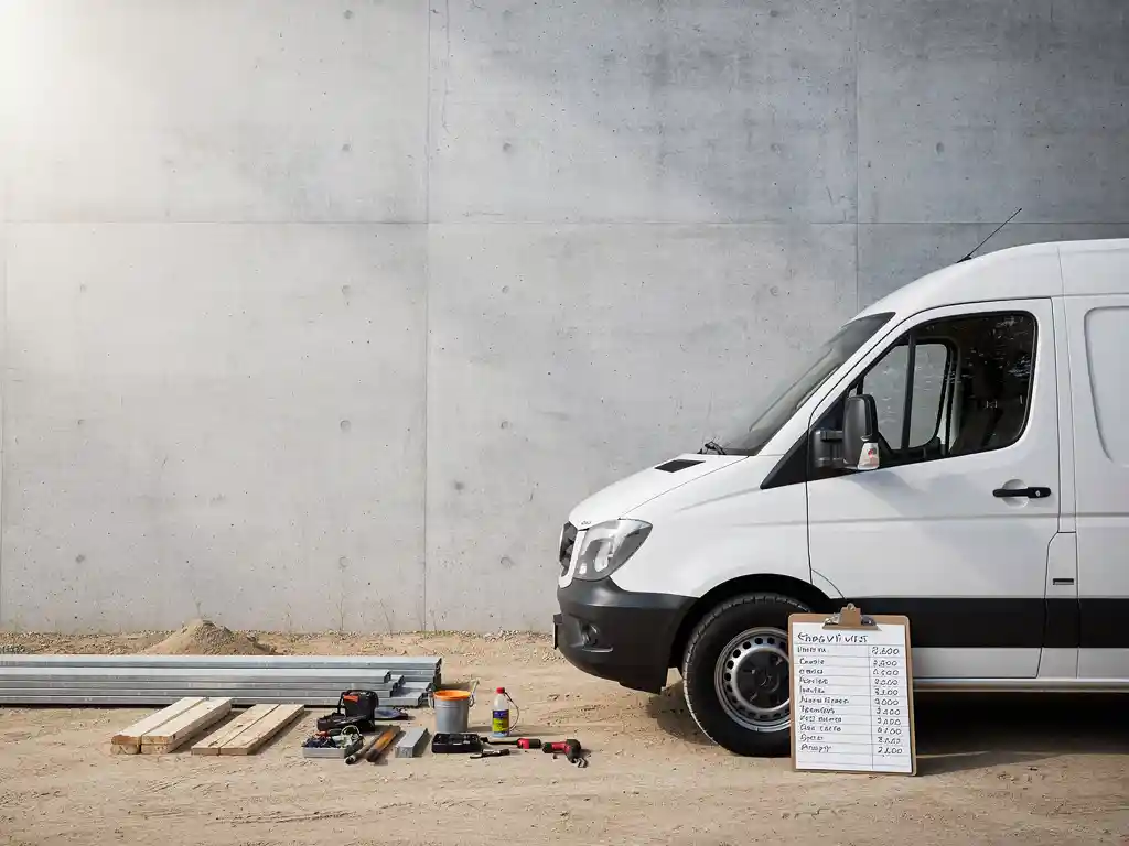 Witte bestelwagen geparkeerd bij een bouwplaats met klembord vol kostencalculaties tegen de band, betonnen muur op achtergrond.