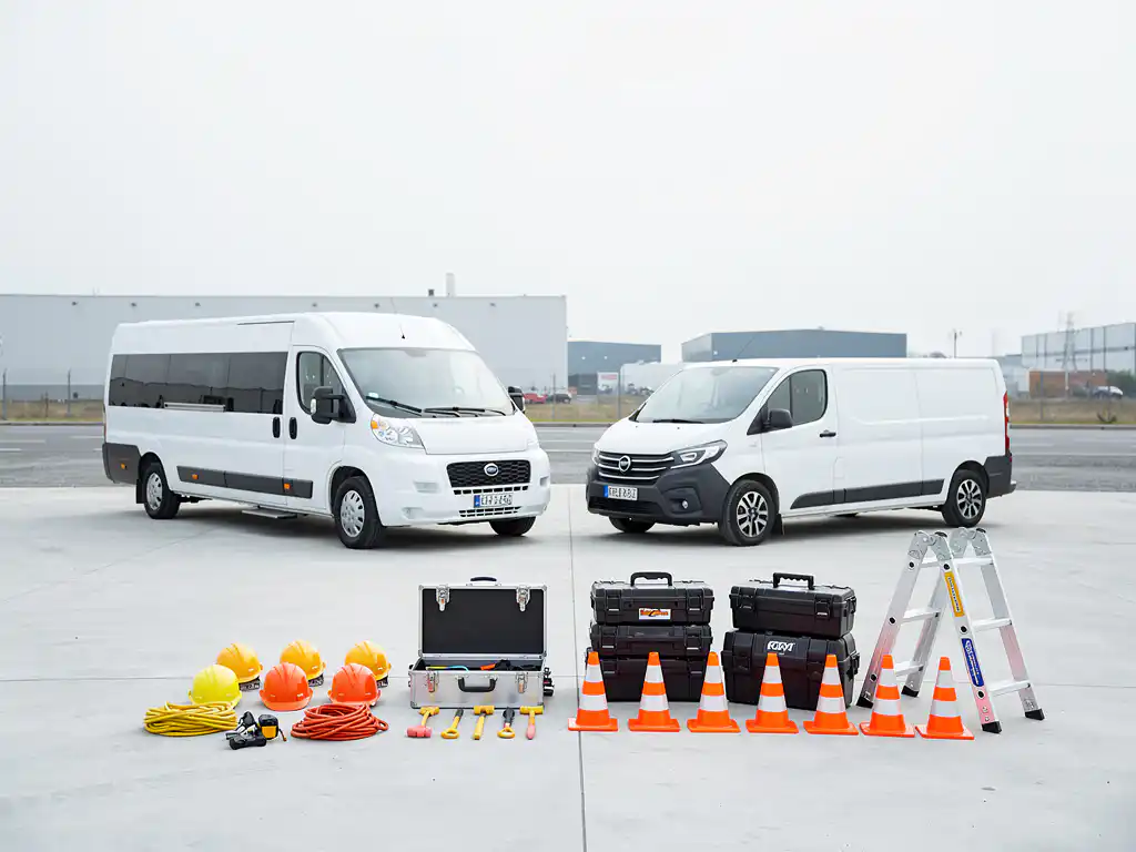 Witte minibus en beladen bestelwagen geparkeerd op betonvlakte, met bouwgereedschap en helmen op de voorgrond.