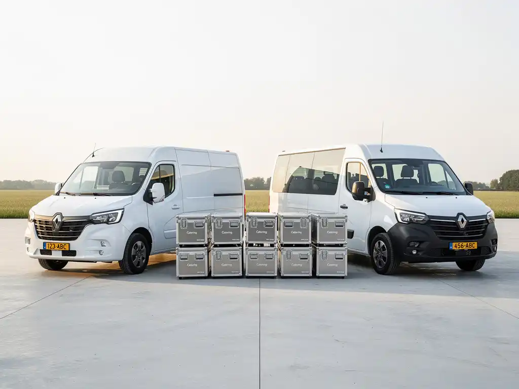 Witte cargo-van en passagiersminibus naast elkaar op betonnen ondergrond, met gestapelde cateringkoffers ertussenin in open Nederlands landschap.