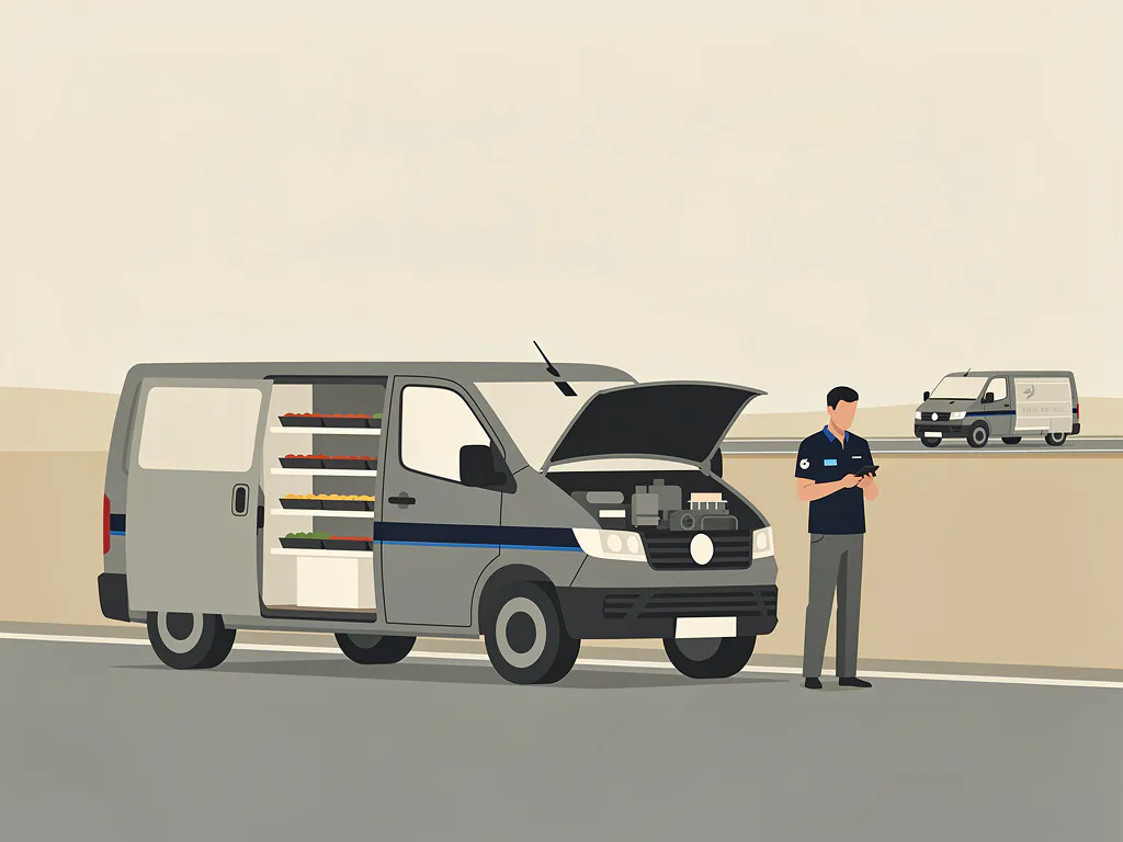 Cateringbus met open motorkap langs de weg, chauffeur in uniform bekijkt telefoon terwijl vervangend voertuig nadert.