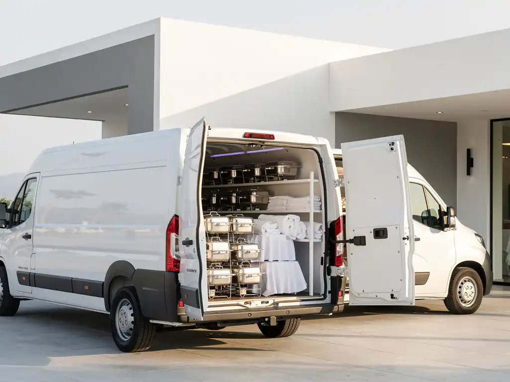 Witte cateringbus met open achterdeuren, gevuld met gestapelde zilveren trays en tafelkleden, geparkeerd bij een minimalistische evenementenlocatie.