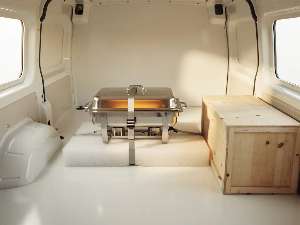 Roestvrijstalen chafingdish vastgezet met spanriemen in witte bestelwagen, warm ambergloed contrasteert met het witte interieur.