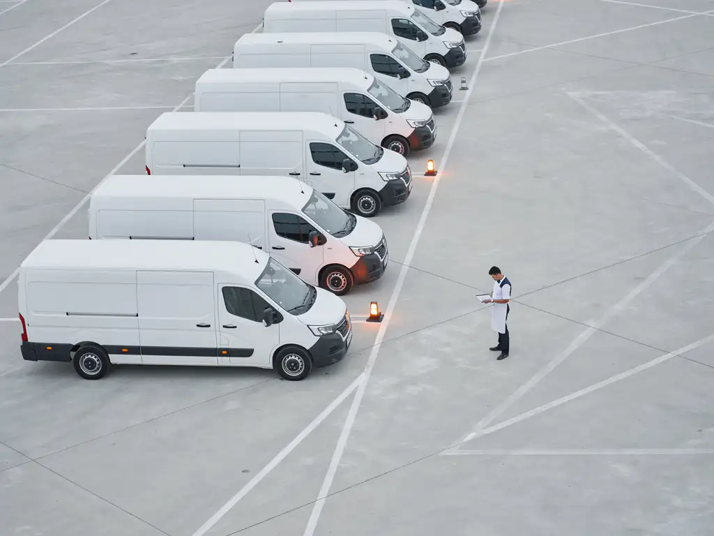 Witte gekoelde bestelwagens geparkeerd in een laadzone, met een cateringmedewerker die een klembord raadpleegt.