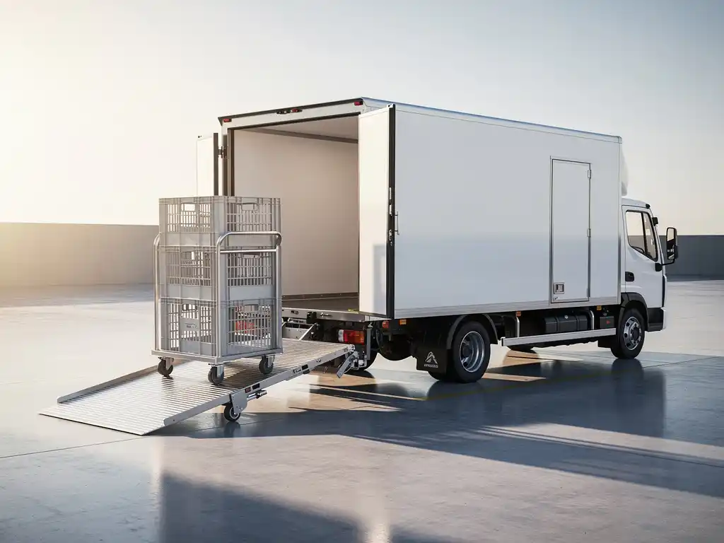 Gekoelde cateringkrat op roestvrijstalen trolley die via een laadklep een witte bestelwagen in wordt gereden, ochtendlicht op betonnen laadperron.