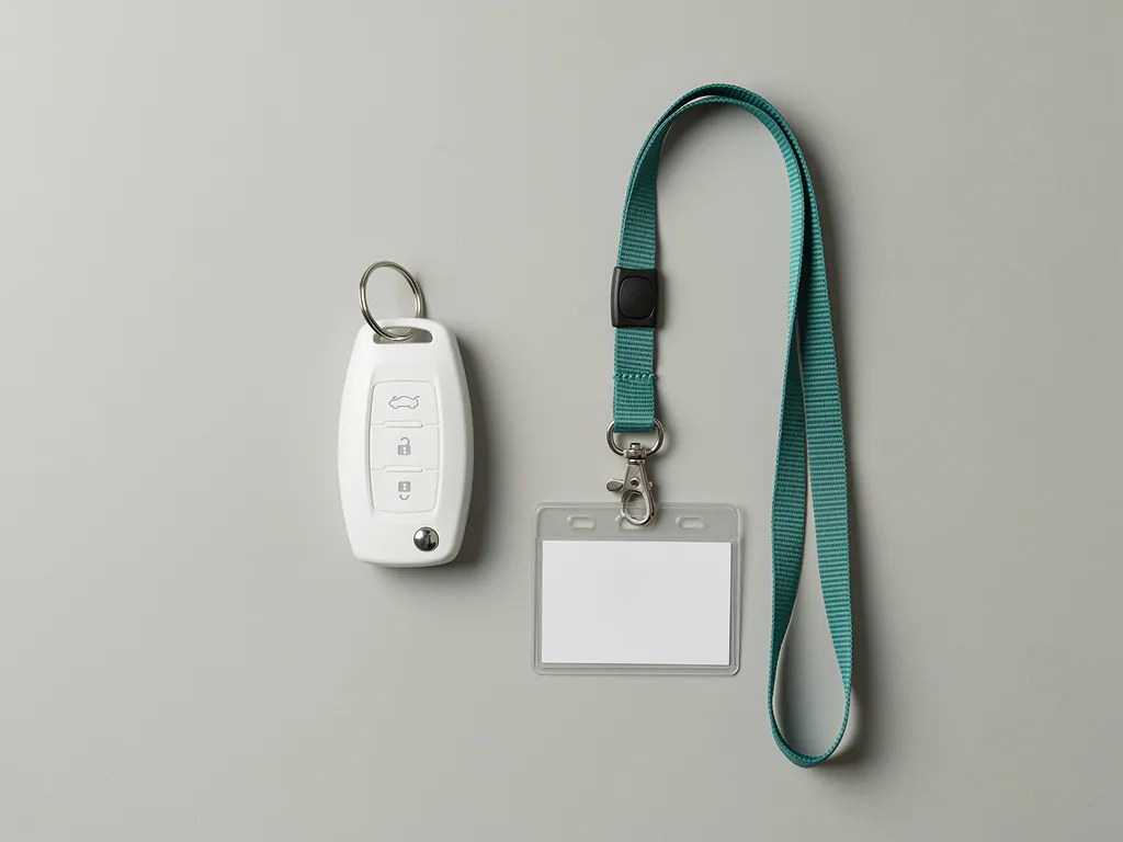 Witte autosleutel van een huurauto naast een zorgprofessional lanyard op lichtgrijs oppervlak, minimalistisch bovenaanzicht.