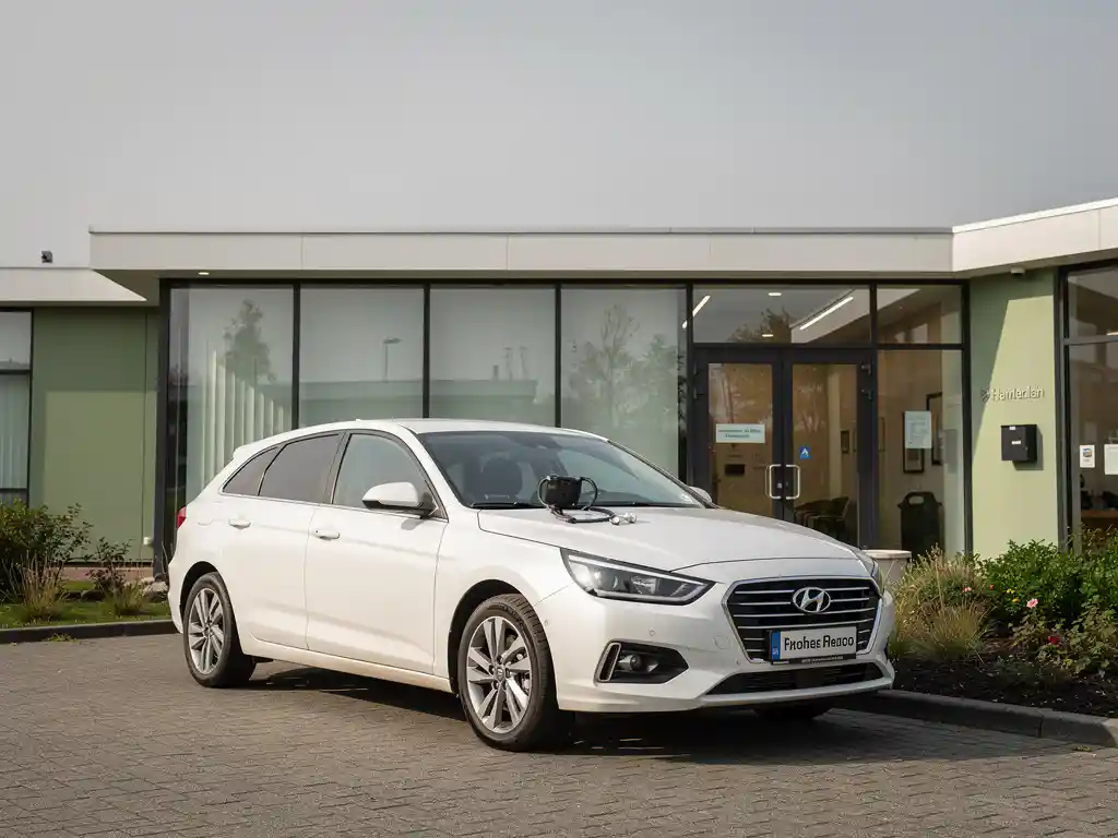 Witte huurauto geparkeerd voor een moderne Nederlandse zorgkliniek, met een stethoscoop zichtbaar op het dashboard.