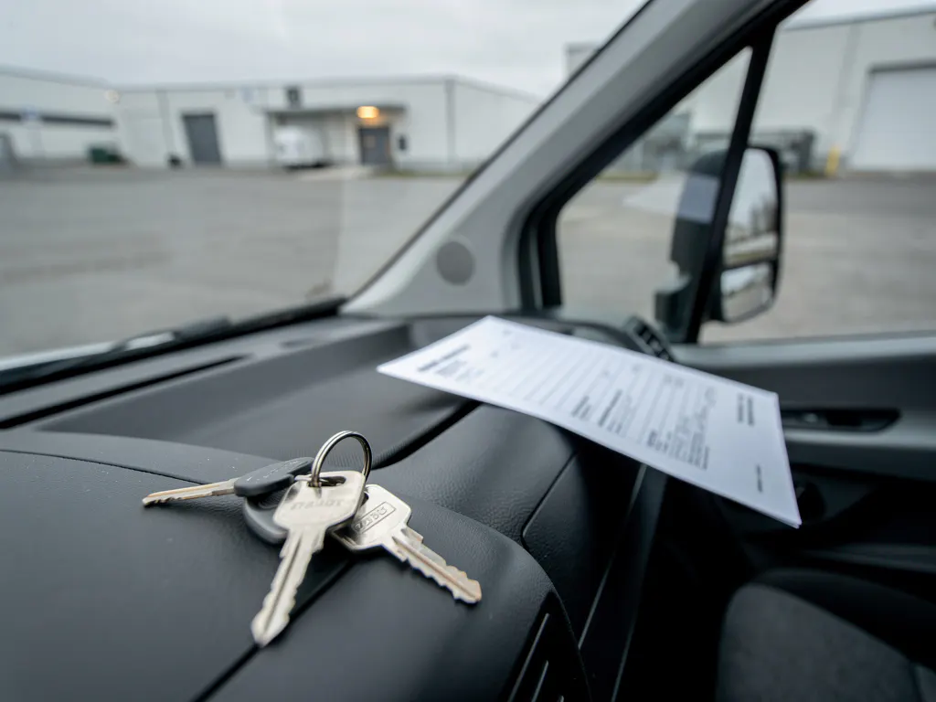 Sleutels op het dashboard van een gehuurde bestelbus, met een niet-ondertekend schade-inspectierapport op de passagiersstoel.