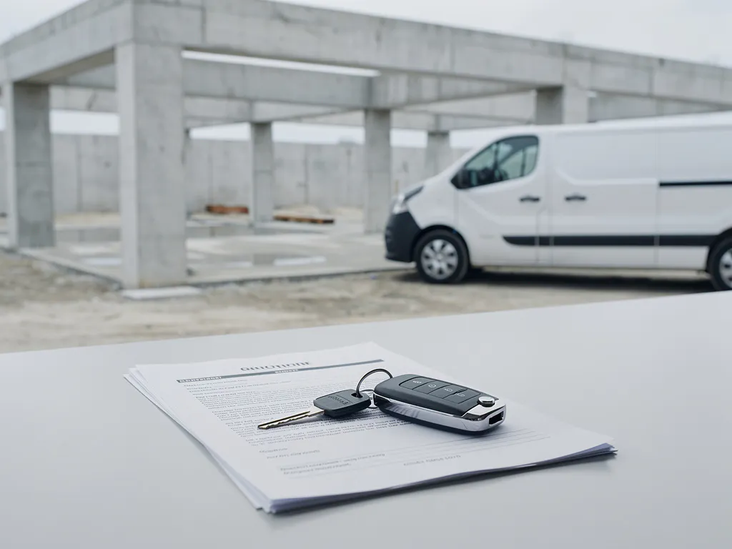 Witte bouwbus geparkeerd naast een half afgebouwde betonnen constructie, met een huurcontract en autosleutels op de voorgrond.