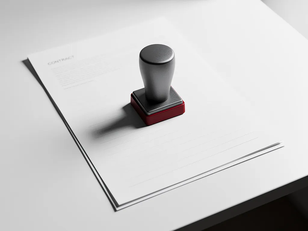 Huurcontract opengeslagen op wit bureau met rode stempel, minimalistische flatlay in daglicht.