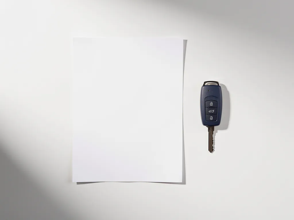 Ondertekend huurcontract en autosleutel met minimalistische sleutelhanger op wit bureau, bovenaanzicht.