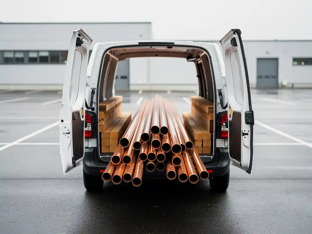 Koperen leidingen en houten planken diagonaal geladen in een open witte bestelwagen, geparkeerd op een industrieel terrein.