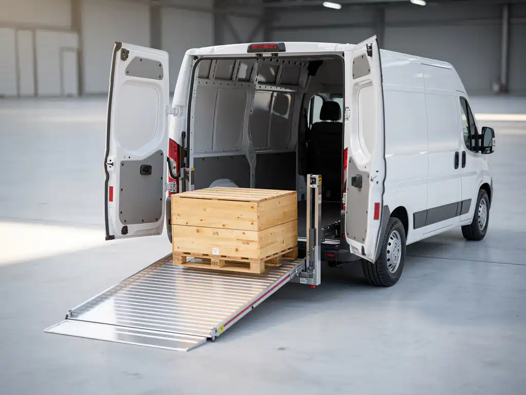 Witte bestelwagen met verlaagd laadlift platform en houten pallet in industriële laadruimte met betonnen vloer.
