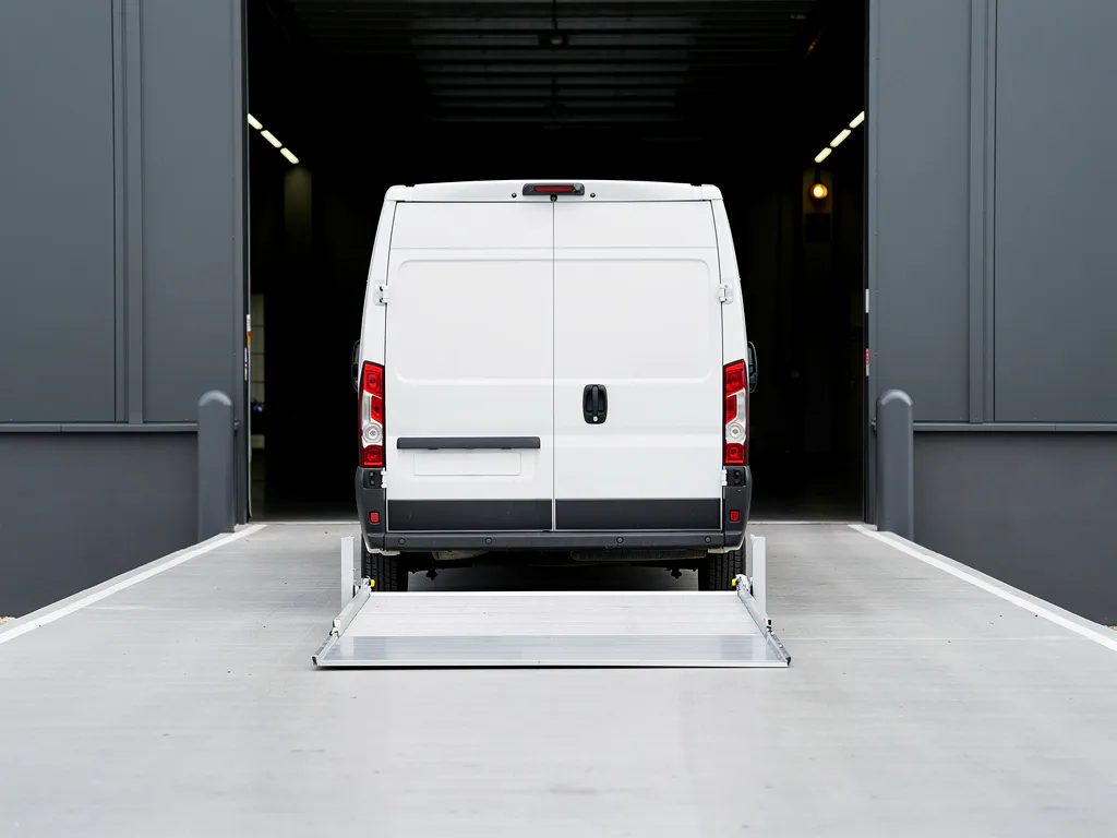 Witte bestelbus met neergelaten laadklep op betonnen laaddok, verlicht door diffuus daglicht met open magazijn op achtergrond.
