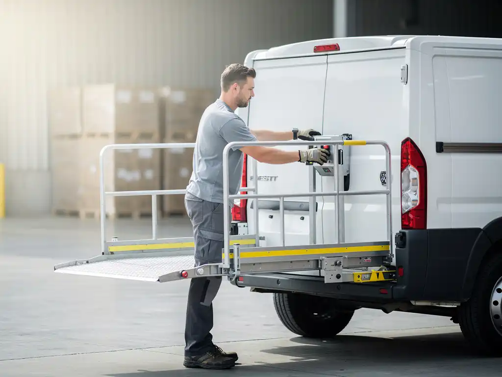 Magazijnmedewerker met werkhandschoenen bedient een laadklep van een witte bestelwagen op een industrieel laaddok.