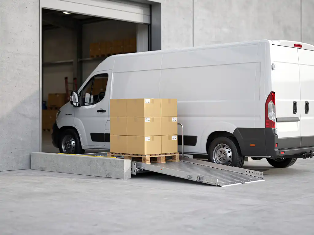 Witte bezorgbus met neergeklapte laadklep op betonnen laadperron, houten pallet met gestapelde kartonnen dozen op de platform.