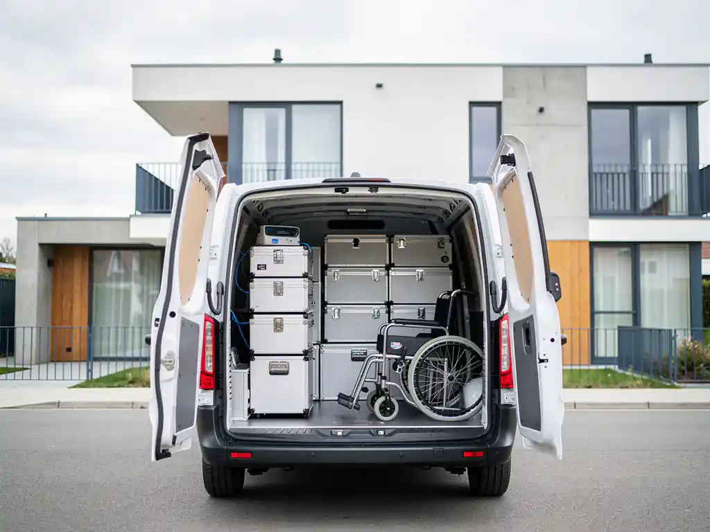 Witte bestelbus met open achterdeuren en georganiseerde medische apparatuurkoffers en opvouwbare rolstoel, geparkeerd voor een moderne Nederlandse woning.