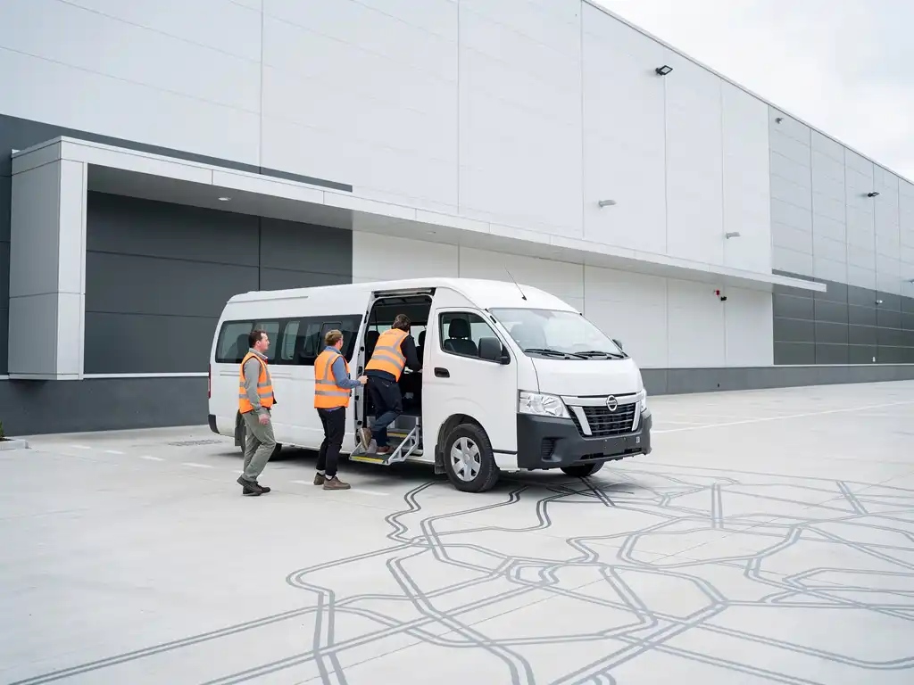 Witte minibus bij industrieel gebouw met drie werknemers in veiligheidsvesten die instappen op een werkdag.