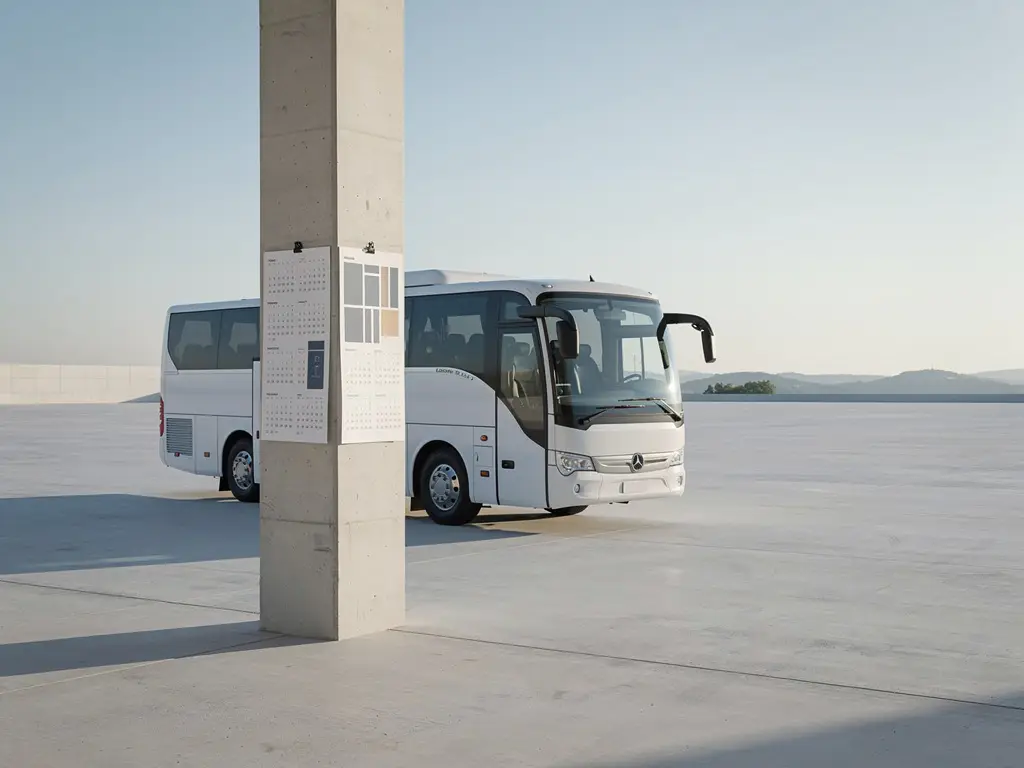 Passagiersminibus geparkeerd op een rustig evenemententerrein met een kalender aan een betonnen pilaar in zacht ochtendlicht.