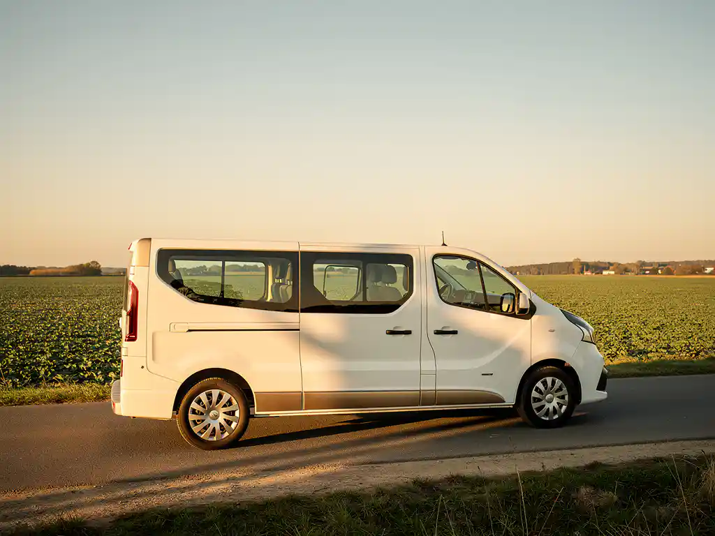 Witte minibus geparkeerd op een landelijke weg naast een akker tijdens het gouden uur, met zachte schaduwen en een rustige sfeer.
