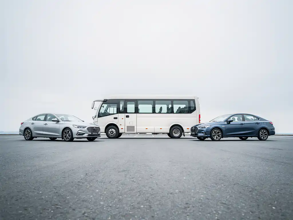 Grote 9-persoons minibus en twee compacte sedans naast elkaar geparkeerd op een open parkeerterrein.