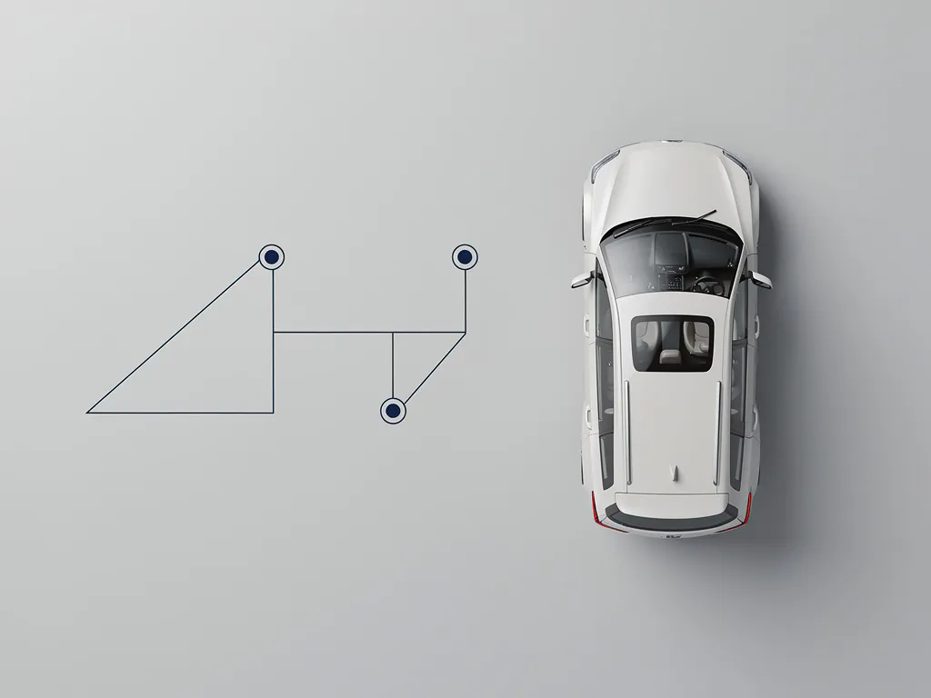 Witte minivan van bovenaf gefotografeerd met een geometrische routekaart van drie punten op lichtgrijze ondergrond.