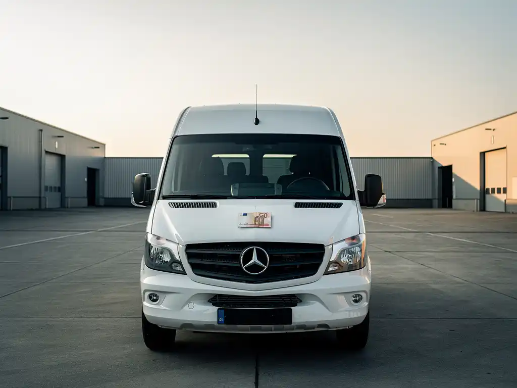 Witte minibus op industrieel terrein met een stapel eurobiljetten op de motorkap, onder een bewolkte Nederlandse lucht.