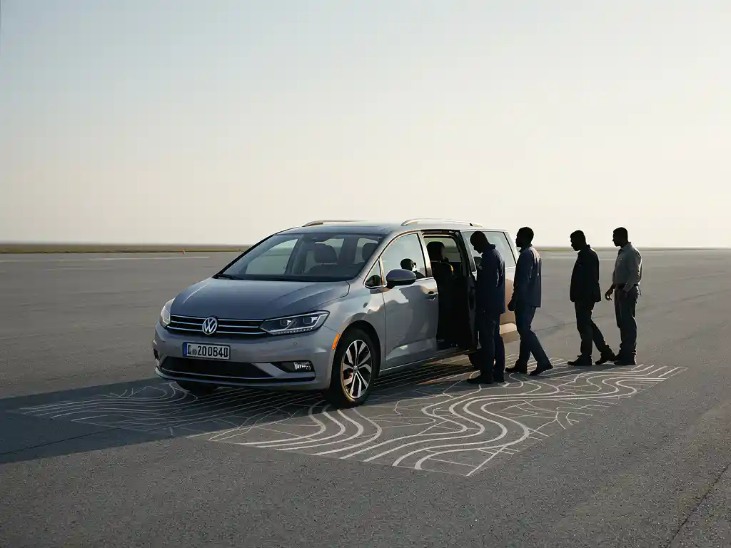 Minibus op lege weg in ochtendlicht met silhouetten van werknemers die ordelijk instappen, routekaart zichtbaar op het asfalt.