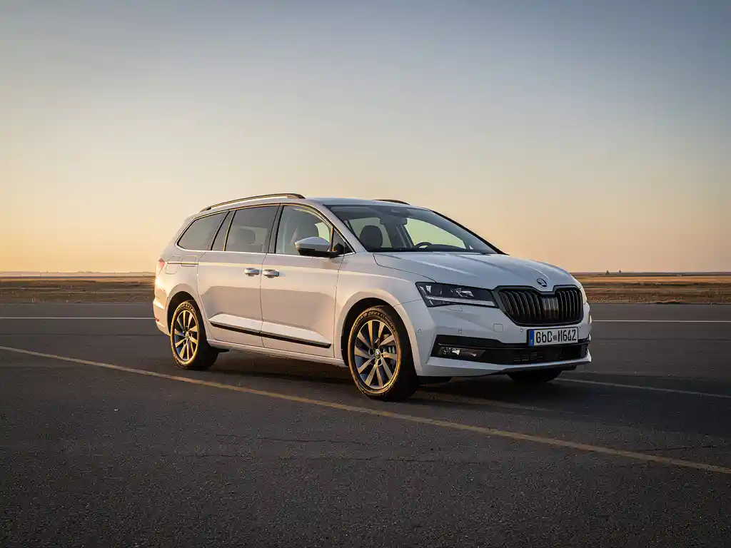 Witte minivan op een lege weg bij zonsopgang, zacht gouden ochtendlicht met lange schaduwen, rustige cinematische sfeer.