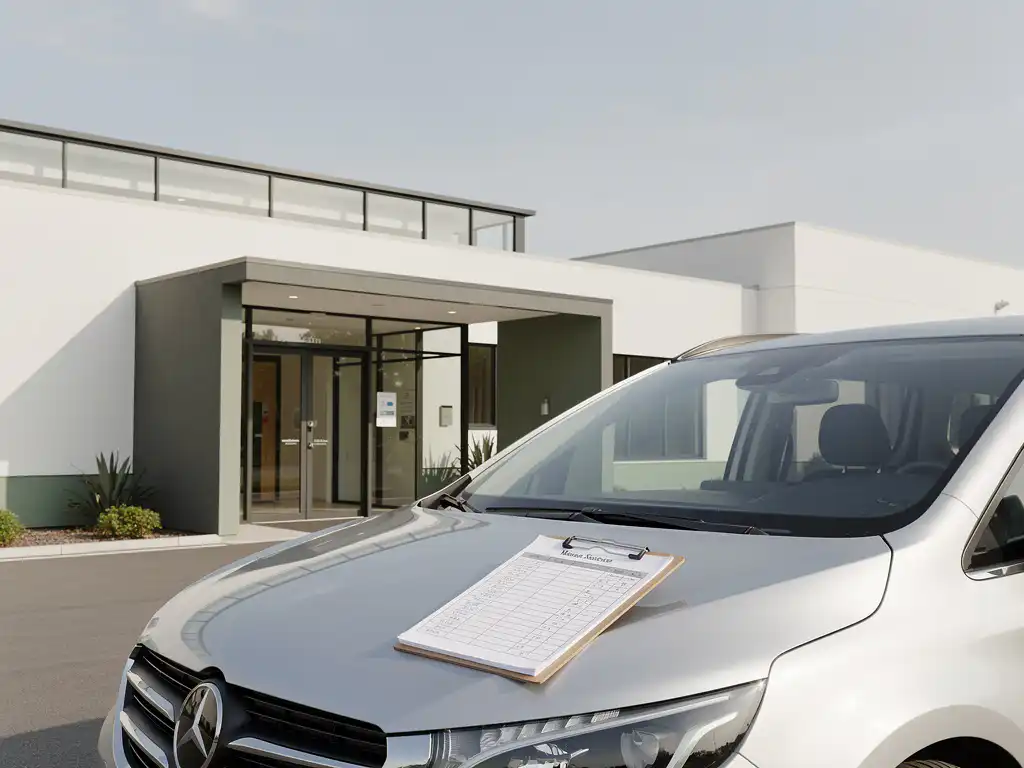 Minivan geparkeerd bij ingang van zorginstelling met gestructureerd planningsbord op de motorkap, rustige daglichtatmosfeer.