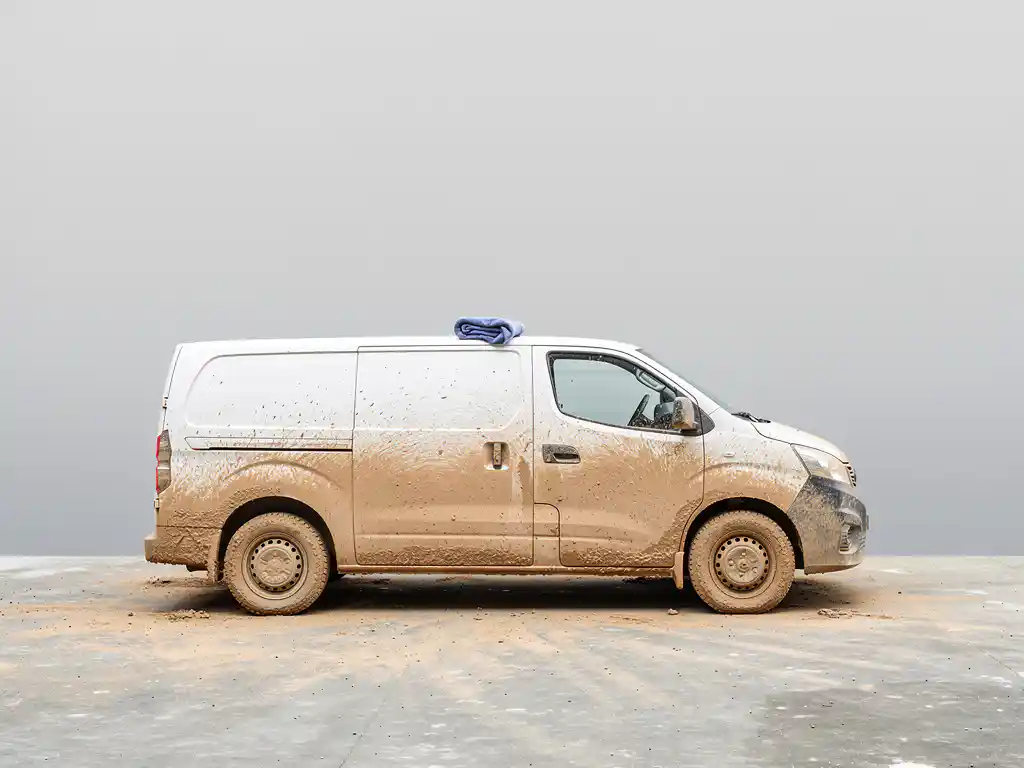 Modderige witte bestelbus op beton met aangekoekte bouwvuil op spatborden, schone microvezeldoek op de motorkap.