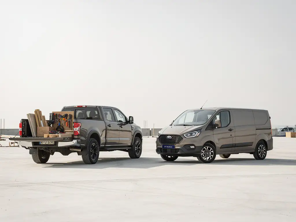 Pickup truck en compacte bestelwagen geparkeerd op een betonnen bouwplaats met gereedschap en bouwmaterialen zichtbaar.
