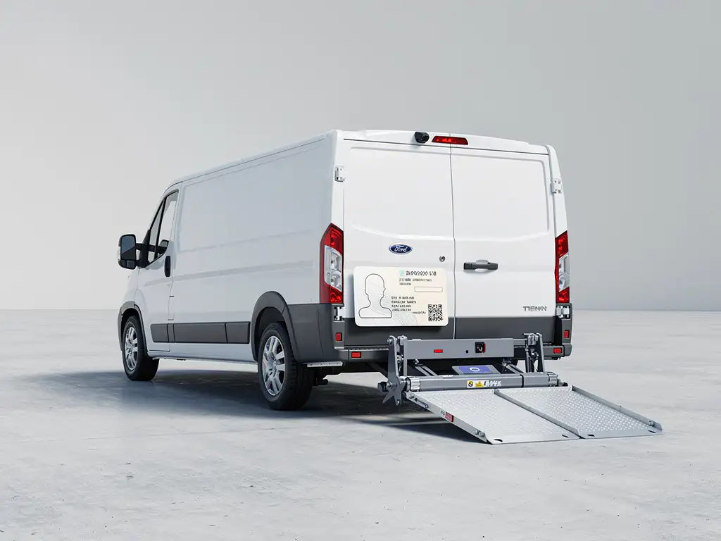 Witte bestelbus met neergelaten hydraulische laadklep, rijbewijs rustend op de achterbumper, betonnen ondergrond.