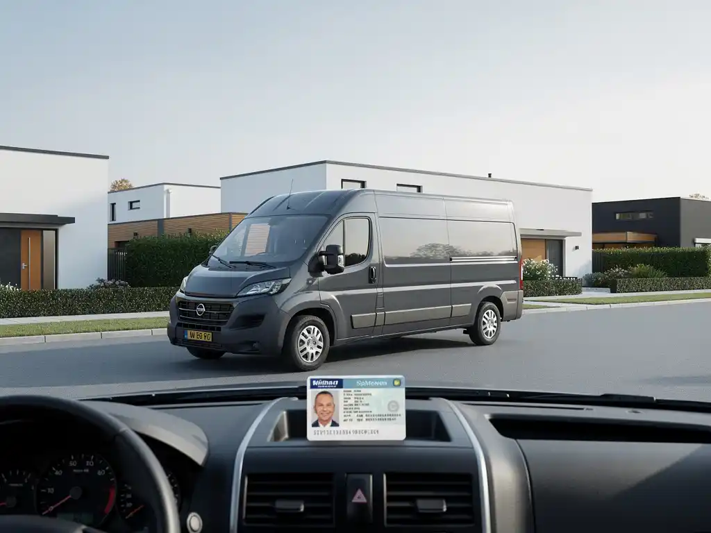 Beladen bestelwagen op een rustige Nederlandse weg met een rijbewijs op het dashboard op de voorgrond.