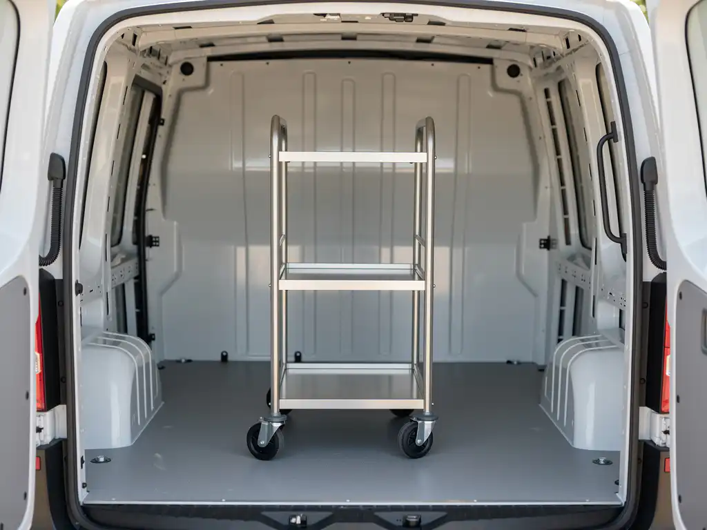 Roestvrijstalen cateringtrolley in lege witte bestelwagen met open achterdeuren, zachte daglichtinval.