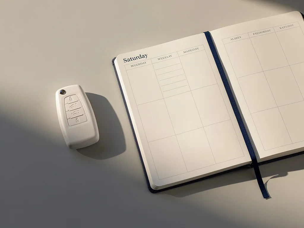 Witte sleutelhanger op gepolijst bureau naast een open weekplanner op zaterdag, zacht ochtendlicht, minimalistische bovenaanzicht compositie.