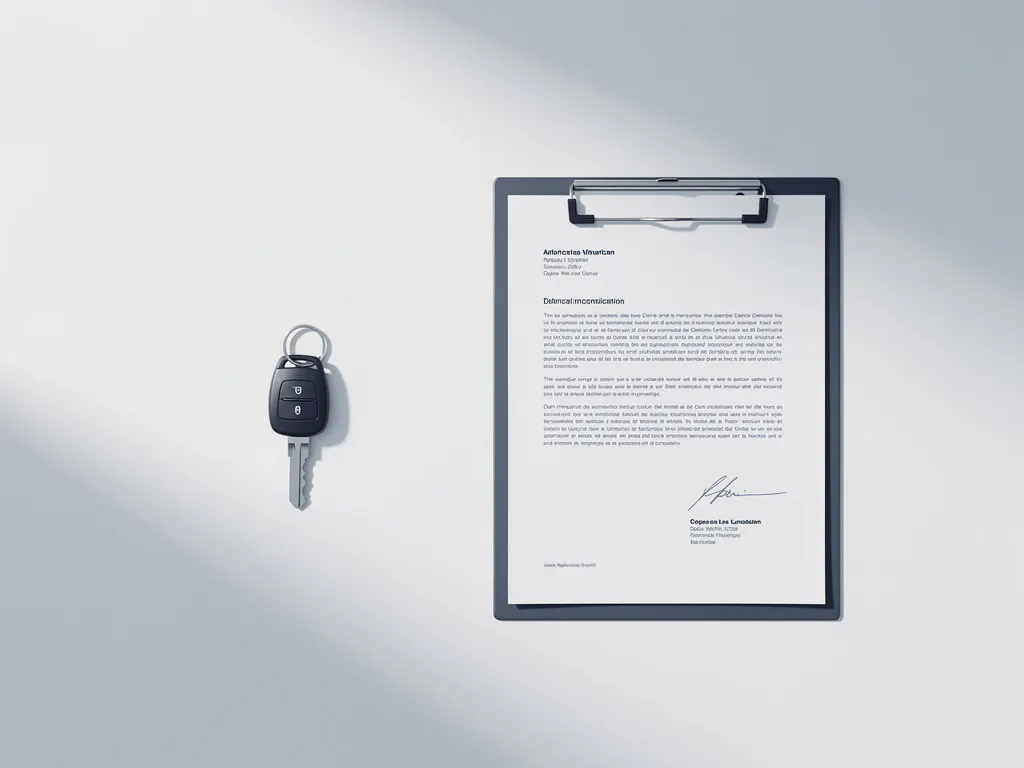 Huurbestelwagen sleutel op wit bureau naast officiële documenten en klembord, minimalistische bovenaanzicht compositie.